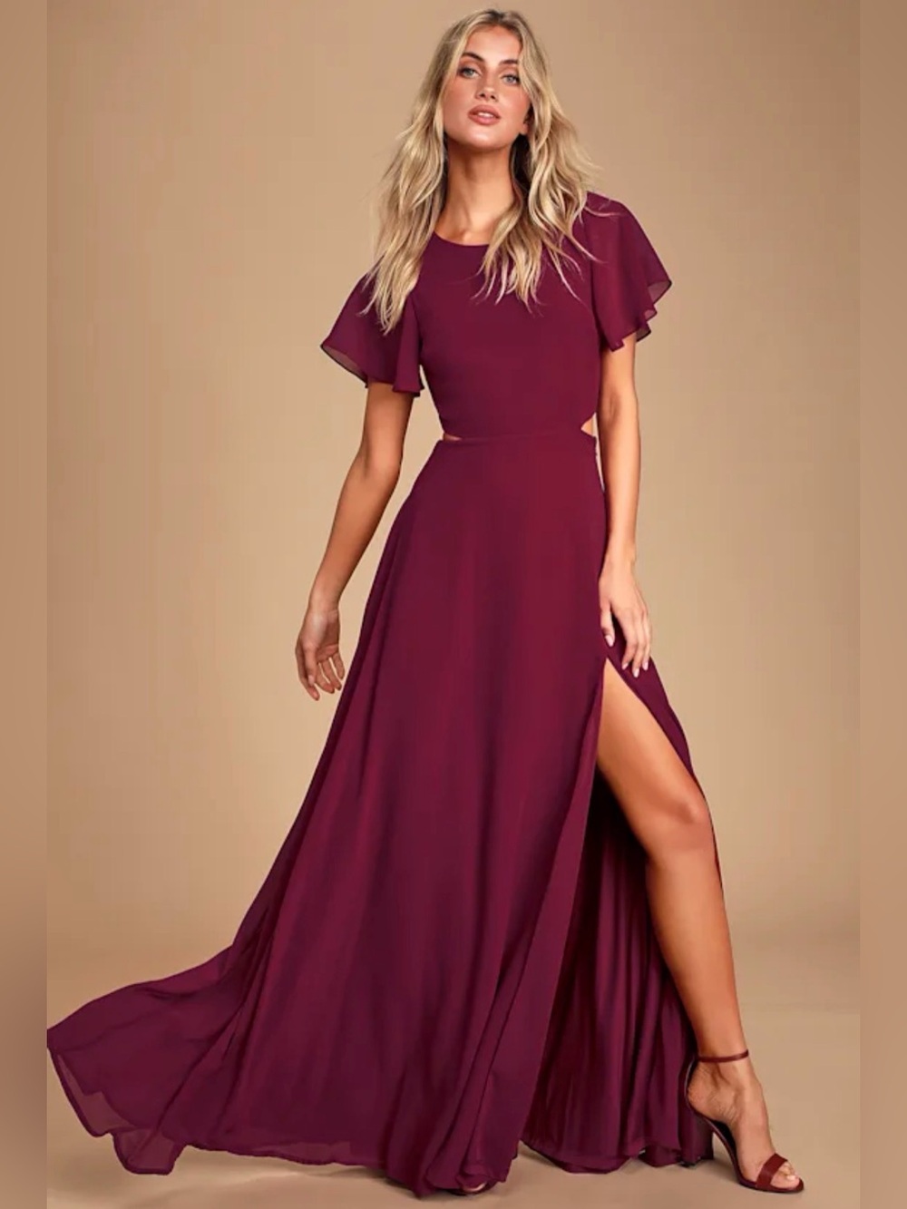 Lulu's Flutter Sleeve Garden Bliss Burgundy Cutout Maxi
Dress